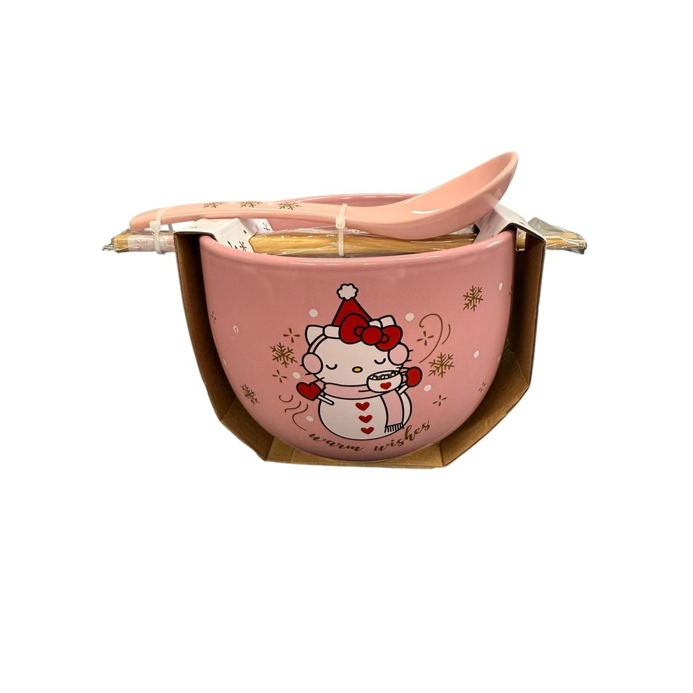 Hello Kitty Christmas Pink Ramen Noodle Ceramic Bowl‎ W/chopsticks & Spoon NEW